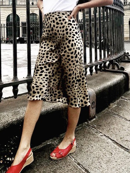 

Leopard Regular Fit Work Skirt, As picture, Midi Skirts