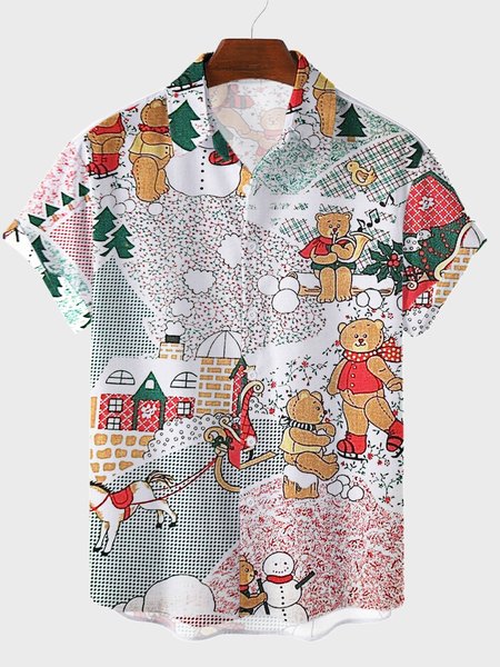 

Vintage Xmas Shirt Collar Short Sleeve Shirts, As picture, Short Sleeves Shirts