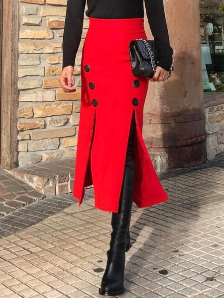 

Winter Elegant Plain Work Formal Date Mid-weight Skirts, Red, Midi Skirts