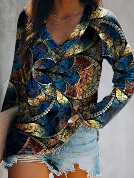 

Long Sleeve V Neck Casual Printed Shirts & Tops, Multicolor, Tops