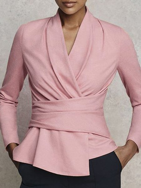 

Vintage Casual Elegant V Neck Plain Slim Fit Top, Apricot, Blouses and Shirts