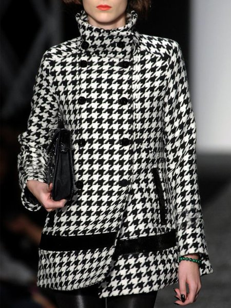 

Long Sleeve High Neck Houndstooth Work Outerwear, Black-white, Blazers