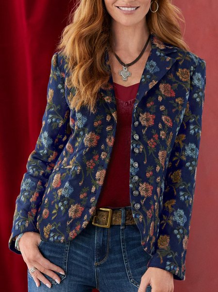 

West Styles/Cows Flat Collar Cotton Blends Floral Outerwear, Purplish blue, Outerwear