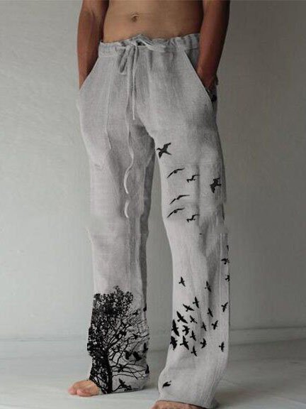 

Men's Holiday Graphic Casual Cotton And Linen Trousers, Gray, Pants