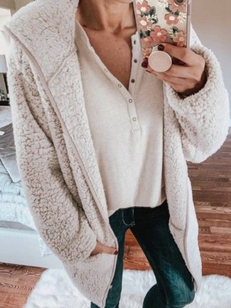 

Hooded Plain Casual Outerwear, White, Outerwear