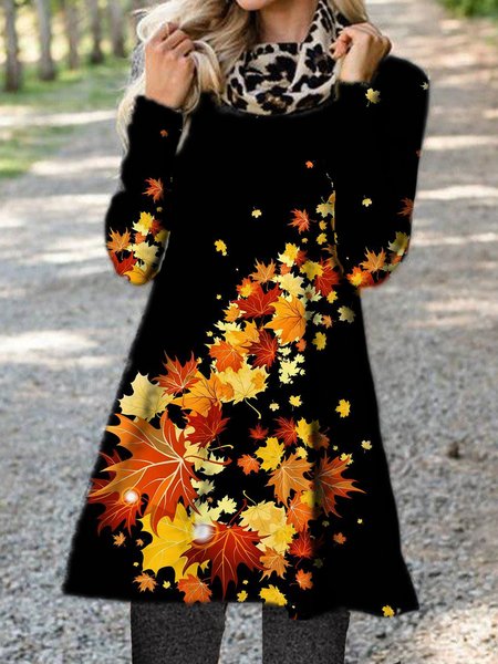 

Slim Fit Casual Leaves Crew Neck Dresses, Black, Mini Dresses