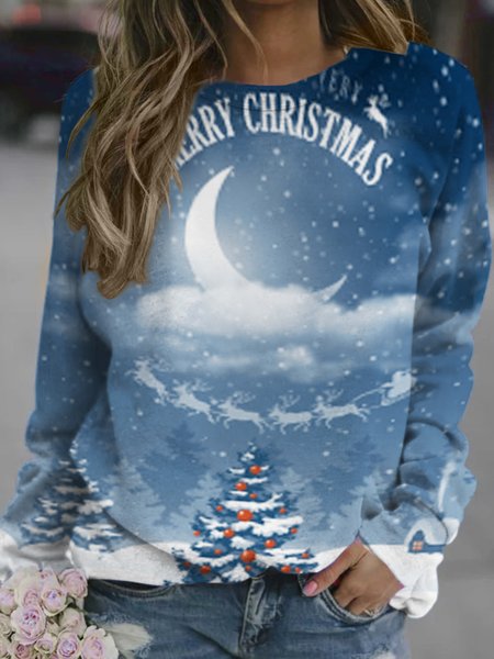 

Merry Christmas Snowflake Casual Letter Loosen Sweatshirt, Blue, Hoodies&Sweatshirts