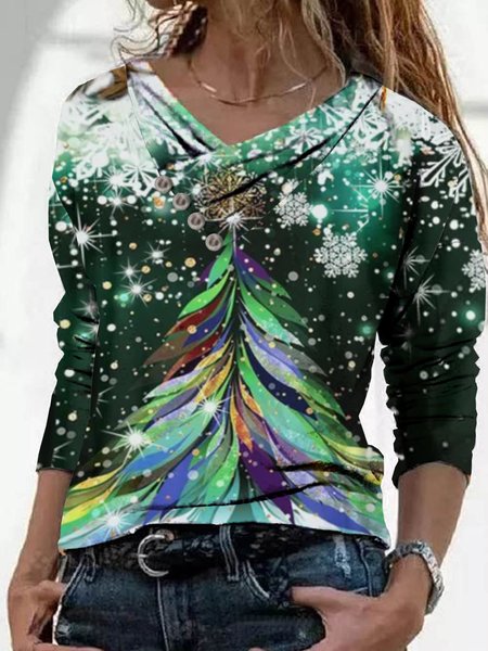 

Christmas Xmas Long Sleeve Plus Size Printed Tops, As picture, T-Shirts