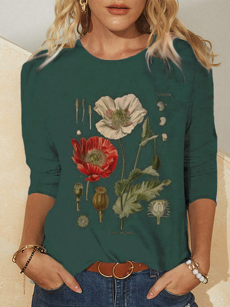 

Vintage Papavero Maniche Lunghe Top, Verde scuro, T-Shirts