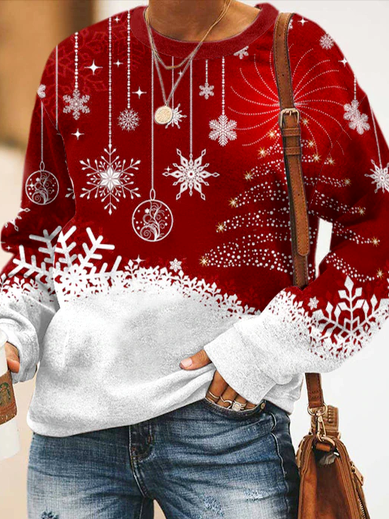 

Christmas Snowflake Casual Cotton Blends Crew Neck Sweatshirts, Red, Hoodies & Sweatshirts