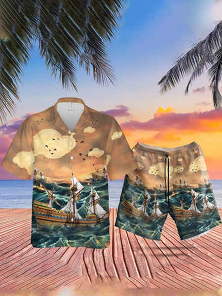 

Vacation Short Sleeve Shirt Collar Suits, As picture, Men's sets