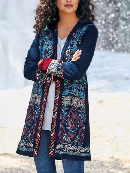 

Casual Long Sleeve Printed Outerwear, Blue, Outerwear