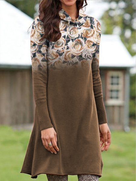

Pastoral Floral Cowl Neck Dresses, Brown, Mini Dresses