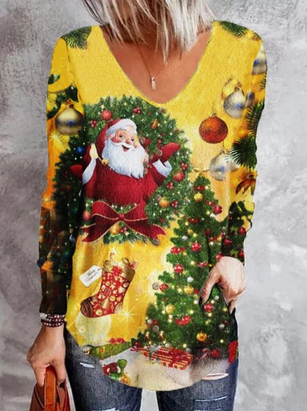 Christmas V Neck Shirts & Tops, Yellow, Tunics