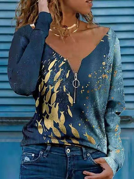 

Fish Printed Zipper V Neck Loosen Hippie Long Sleeves Tops, Light blue, Tops