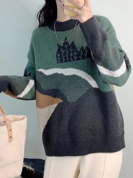 

Crew Neck Casual Sweater, Green, Sweaters