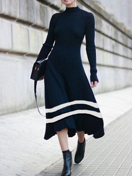 

Striped Color Block Elegant Sweater Dress, As picture, Midi Dresses