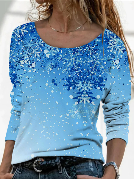

Long sleeve round neck loose Christmas geometric snowflake gradient top T-shirt women, Blue, Long sleeve tops