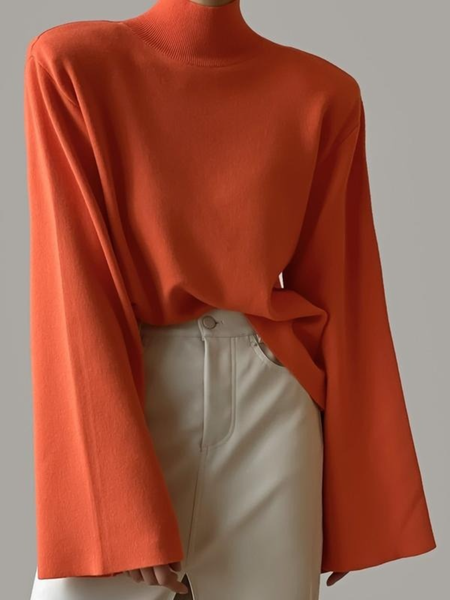 

Winter High Stretch Plain Long sleeve Daily Sweater, Orange, Pullovers