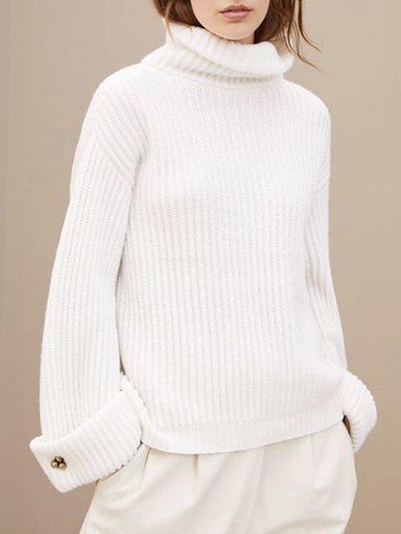 

Elegant Loosen Simple Long Sleeve Sweater, White, Pullovers