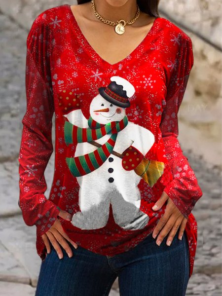 

V Neck Slim Fit Christmas Snowman Shirts & Tops, Red, T-Shirts