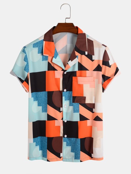 

Men's Geometric Print Short Sleeve Hawaiian Shirt, Orange, Shirt