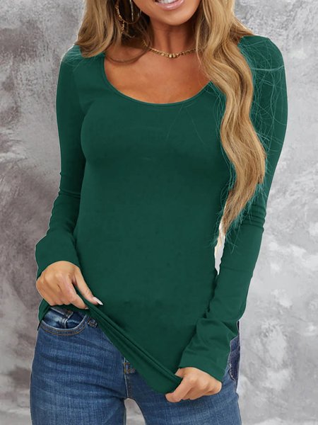 

Nozioni di base Solido Maniche Lunghe Magro Top, Verde scuro, Blouses & Shirts