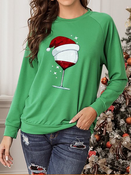 Christmas Wine Glass & Hat Print Round Neck Sweatshirt, Green, Sweatshirts & Hoodies