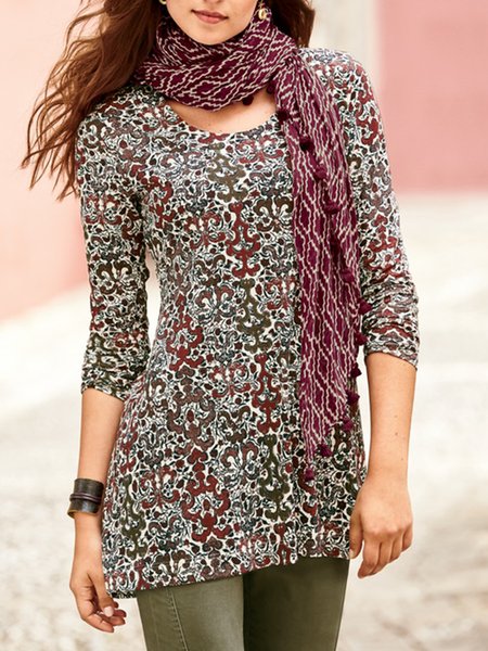 

Casual Vintage Printed Round Neck Long Sleeve Shirts & Tops, As picture, Tops
