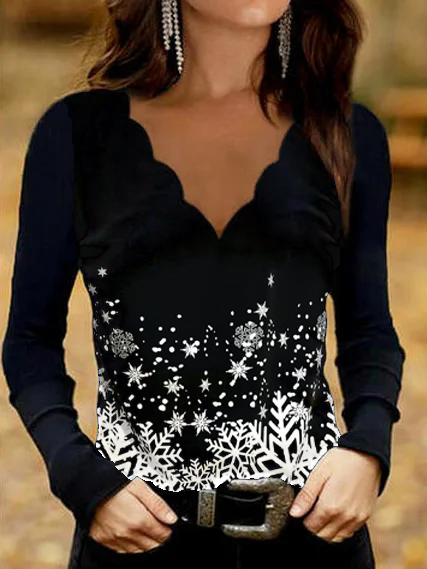 

Christmas Snowflake Casual Regular Fit Cotton Blends T-shirt, Black, Long sleeve tops