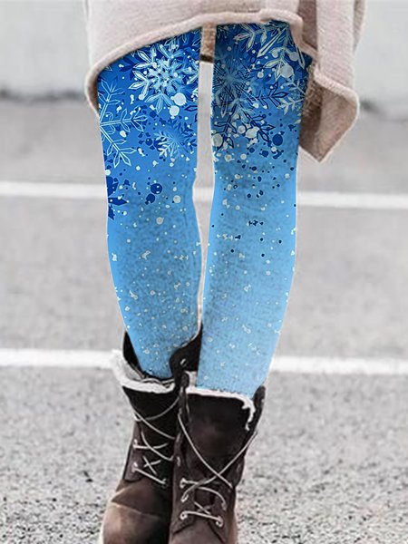

Christmas geometric snowflake gradient high elastic Leggings 9-point pants, Blue, Leggings