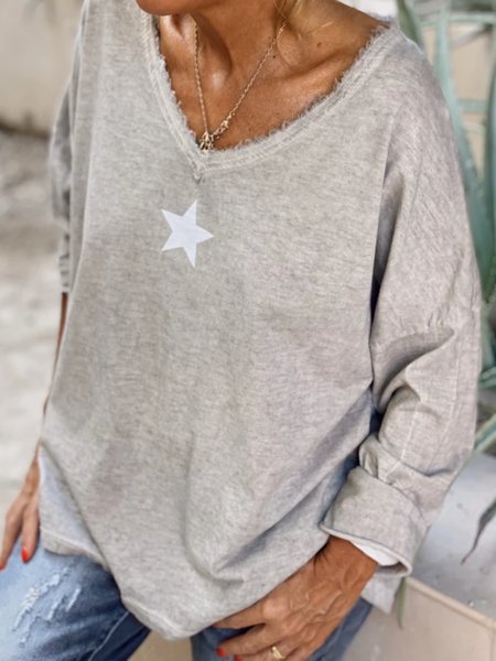 

Casual Long Sleeve V Neck Plus Size Printed Tops T-shirts, As picture, T-Shirts