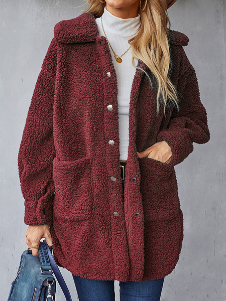 

Lapel Off Shoulder Flannel Pockets Outerwear, Wine red, Coats