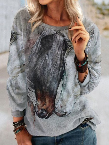 

Casual Off Shoulder Horse Printed Long Sleeve Sweatshirt, Gray, Sweatshirts & Hoodies