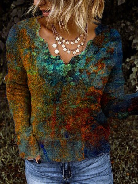 

Casual Long Sleeve V Neck Printed Top, Multicolor, Tops