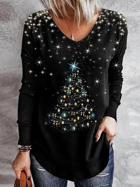 

Christmas Tree Printed Long Sleeves V Neck Plus Size Casual Tops, Black, T-Shirts