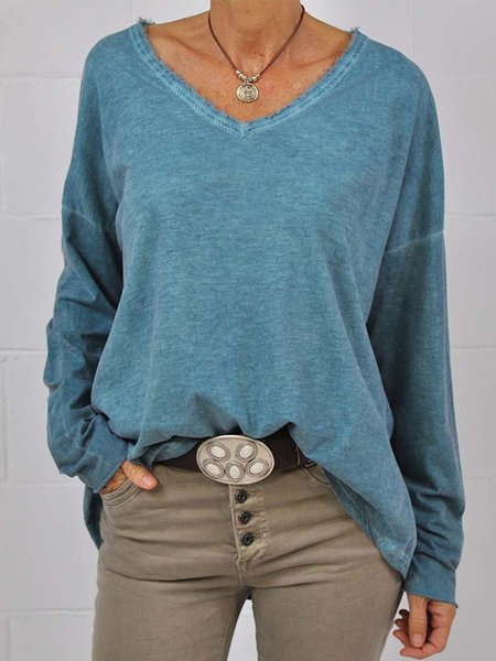 

Vintage Plain Long Sleeves V Neck Plus Size Casual Tops, Blue, T-Shirts