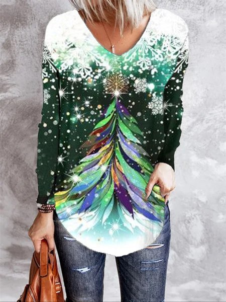 

Christmas Printed V Neck Casual Long Sleeve Shirts & Tops, Multicolor, T-Shirts