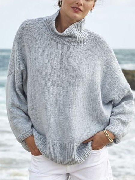 

Casuale Maniche Lunghe Collo ad anello Solido Maglione, Grigio, Sweater