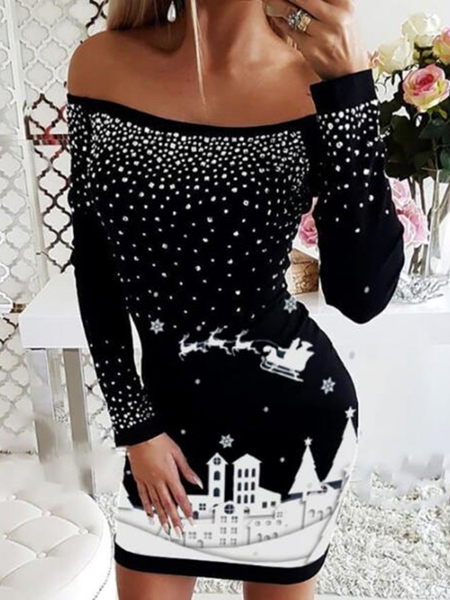 

Rhinestone Checked/Plaid Boat Neck Sweet Dresses, Black, Mini Dresses