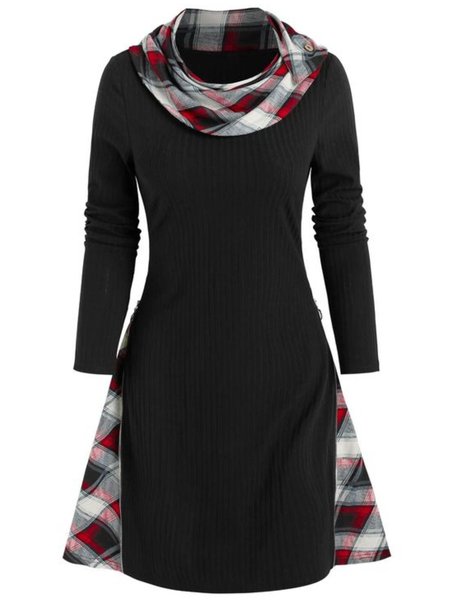 

Casual Long Sleeve Plaid Cowl Neck Dresses, Black, Mini Dresses