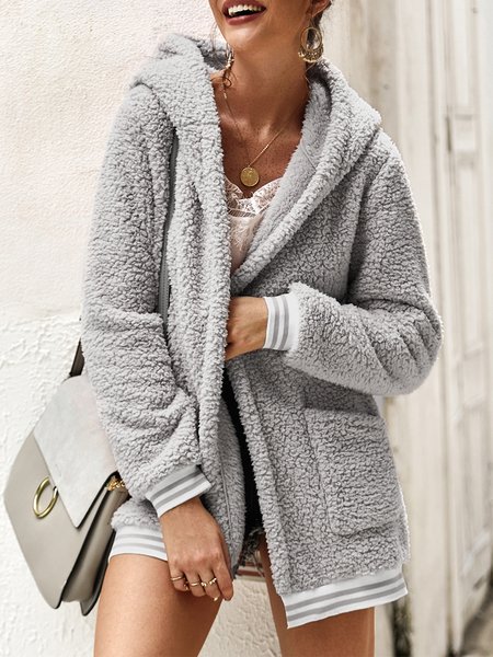 

Solid Hooded Vintage Furry Overcoat, Gray, Outerwear