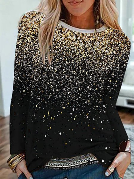 

Casual Long Sleeve Crew Neck Printed Top, Black, Tops