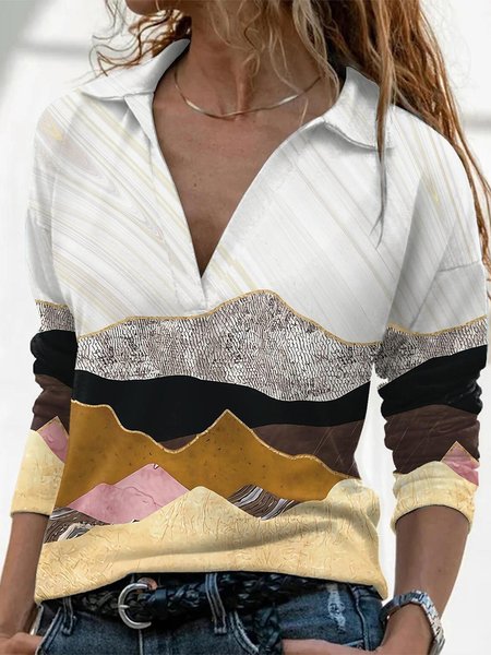 

Landscape Print Casual Long Sleeve Shirts & Tops, White, Tops