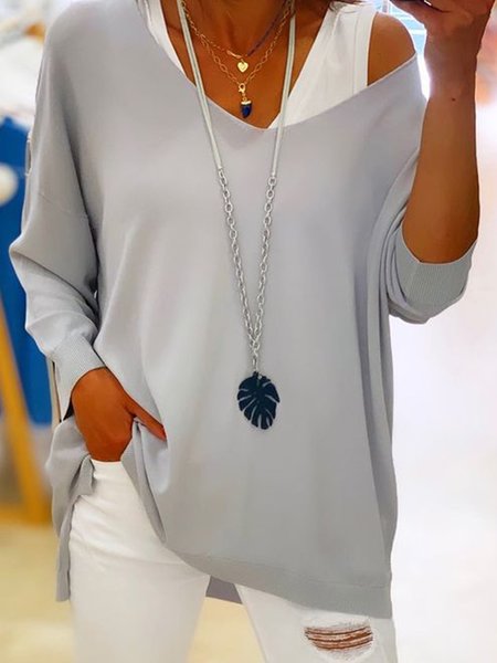 

Solid V Neck Shirts & Tops, Grey-blue, Tops