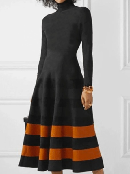 

Winter High Neck A-line Date Work Formal Long sleeve Dresses, Black, Midi Dresses