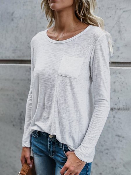 

Casual Solid Color Long Sleeve Round Neck Pocket T-Shirts, White, Long sleeve tops
