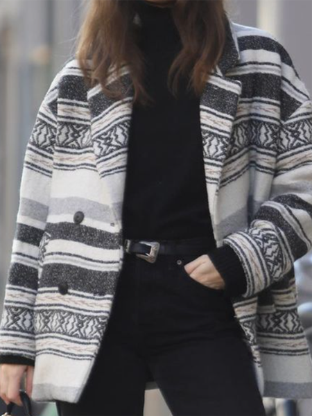 

Casual Long sleeve Lapel Striped Outerwear, Gray, Coats