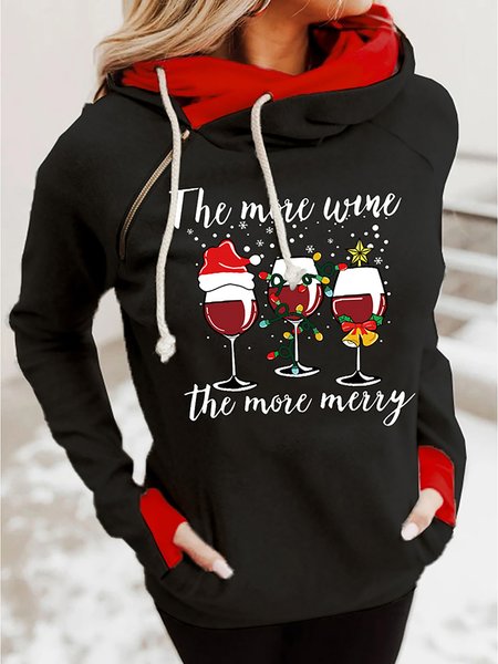 

Christmas Wine Glass & Letter Graphic Print Hoodie Sweatshirt, Black, Sweatshirts & Hoodies