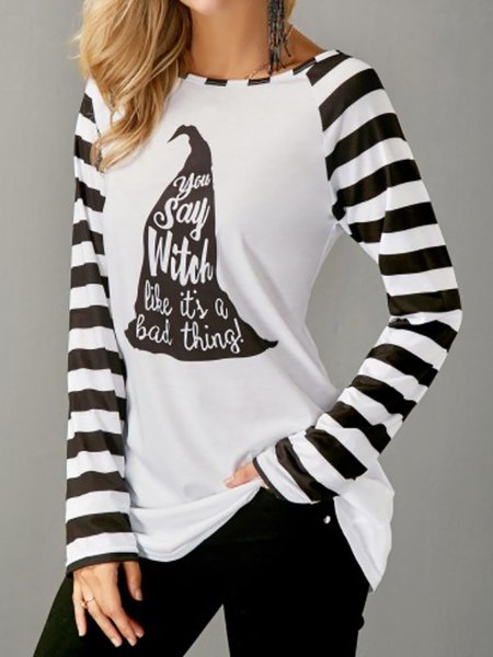 

Crew Neck Loosen Casual Stripe Long Sleeves Tops, White, Tops